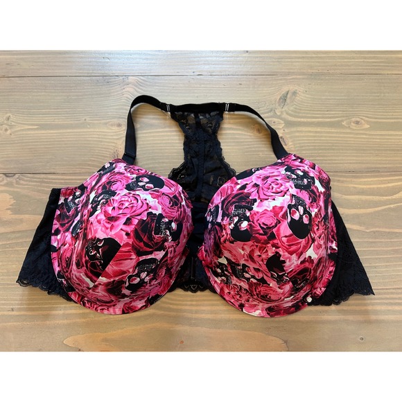 torrid Other - E13 Torrid Curve Pink Rose Black Skull Rose Lace Racerback Front Close Bra 46DDD